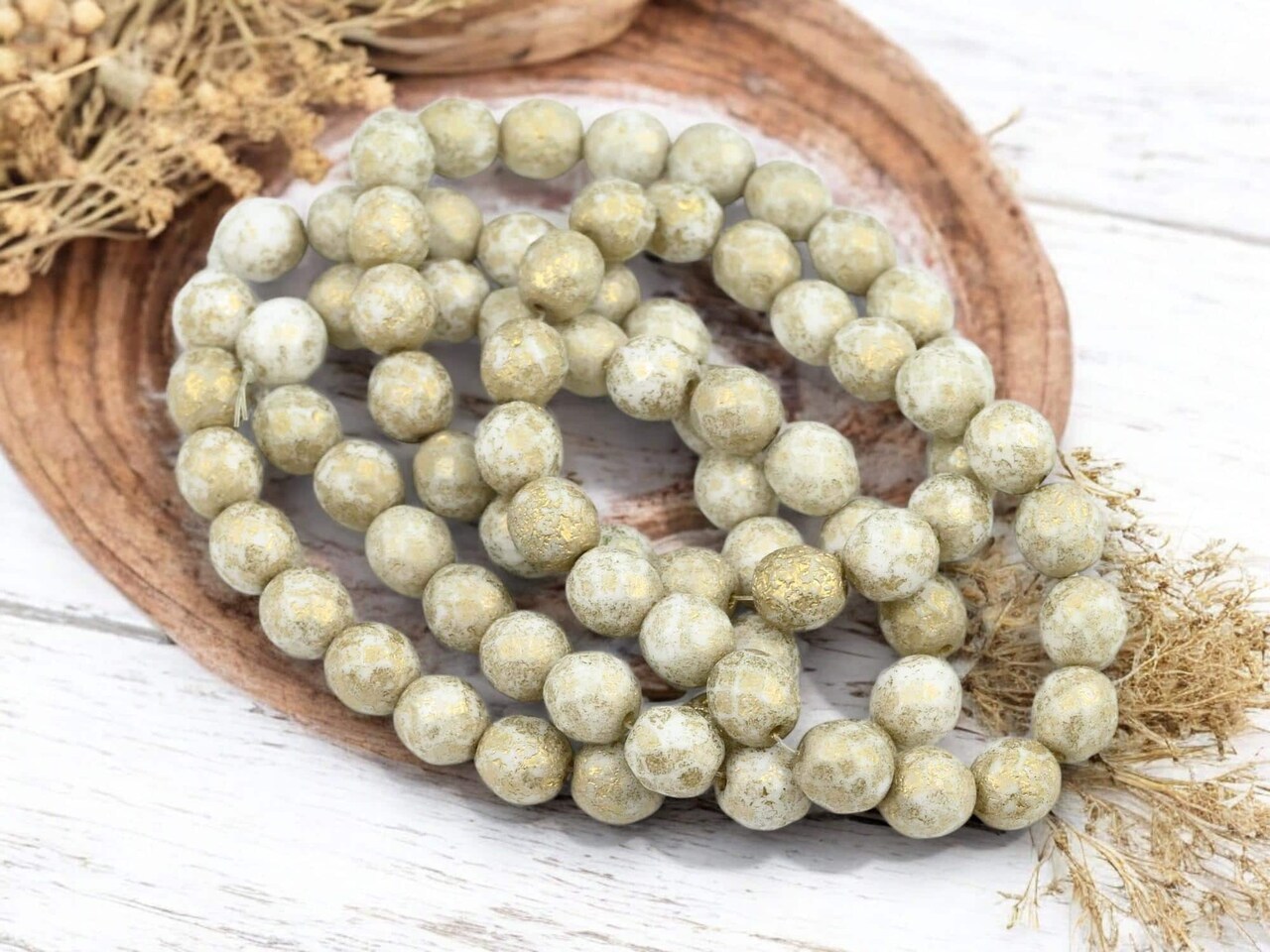 *20* 8mm Gold Washed Etched Alabaster Fire Polished Round Beads